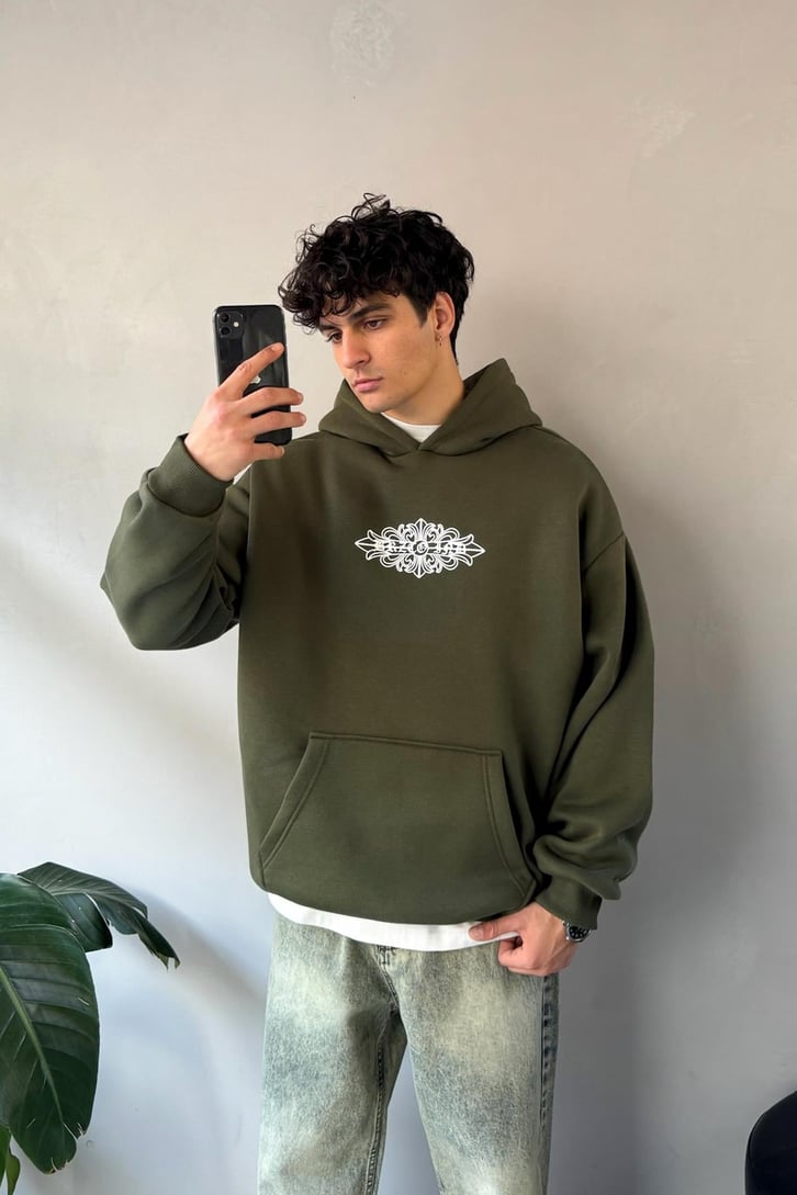 Etnik Sırt Baskılı Oversize Hoodie