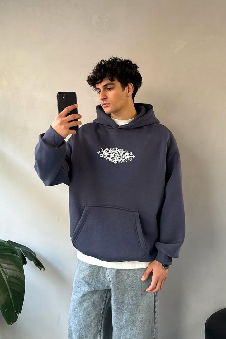 Etnik Sırt Baskılı Oversize Hoodie