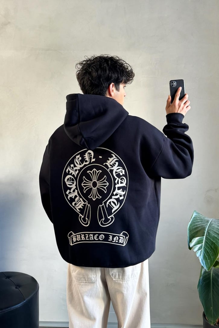 Etnik Sırt Baskılı Oversize Hoodie