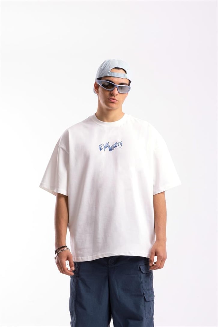 Eye Hearts Baskılı Beyaz Oversize Tshirt