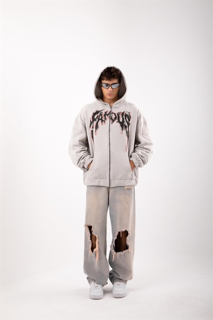Famous Baskılı Gri Zip Oversize Hoodie