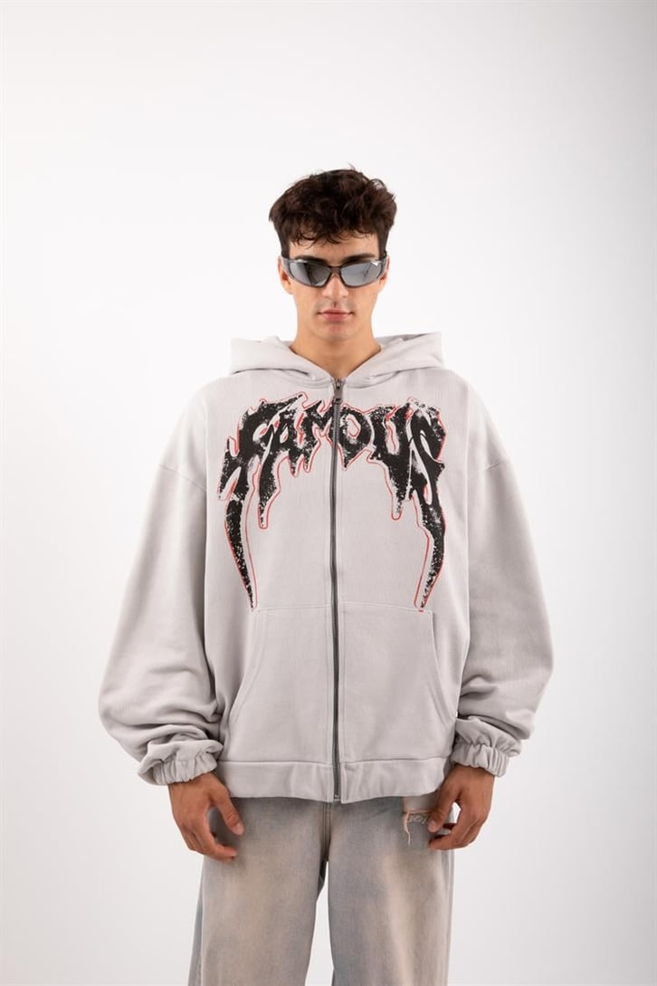 Famous Baskılı Gri Zip Oversize Hoodie