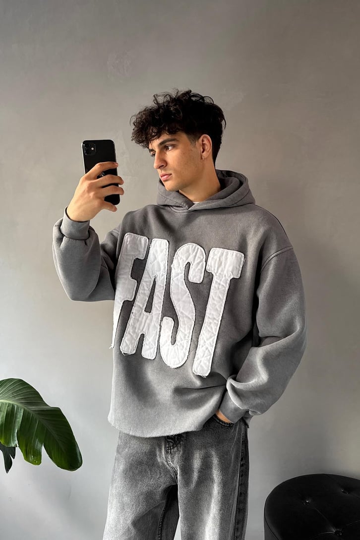Fast Nakışlı Oversize Hoodie