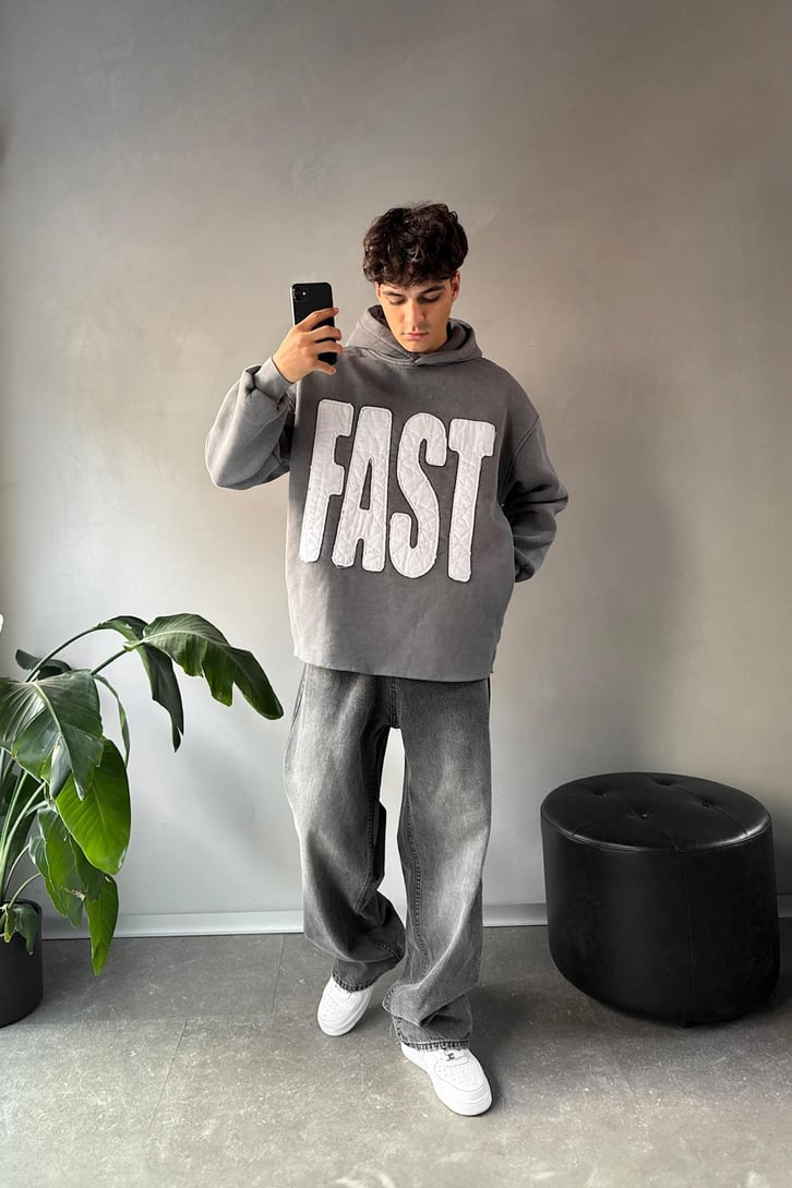 Fast Nakışlı Oversize Hoodie