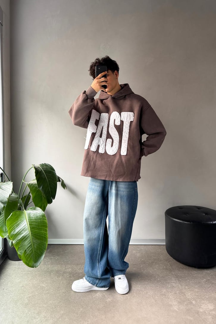 Fast Nakışlı Oversize Hoodie