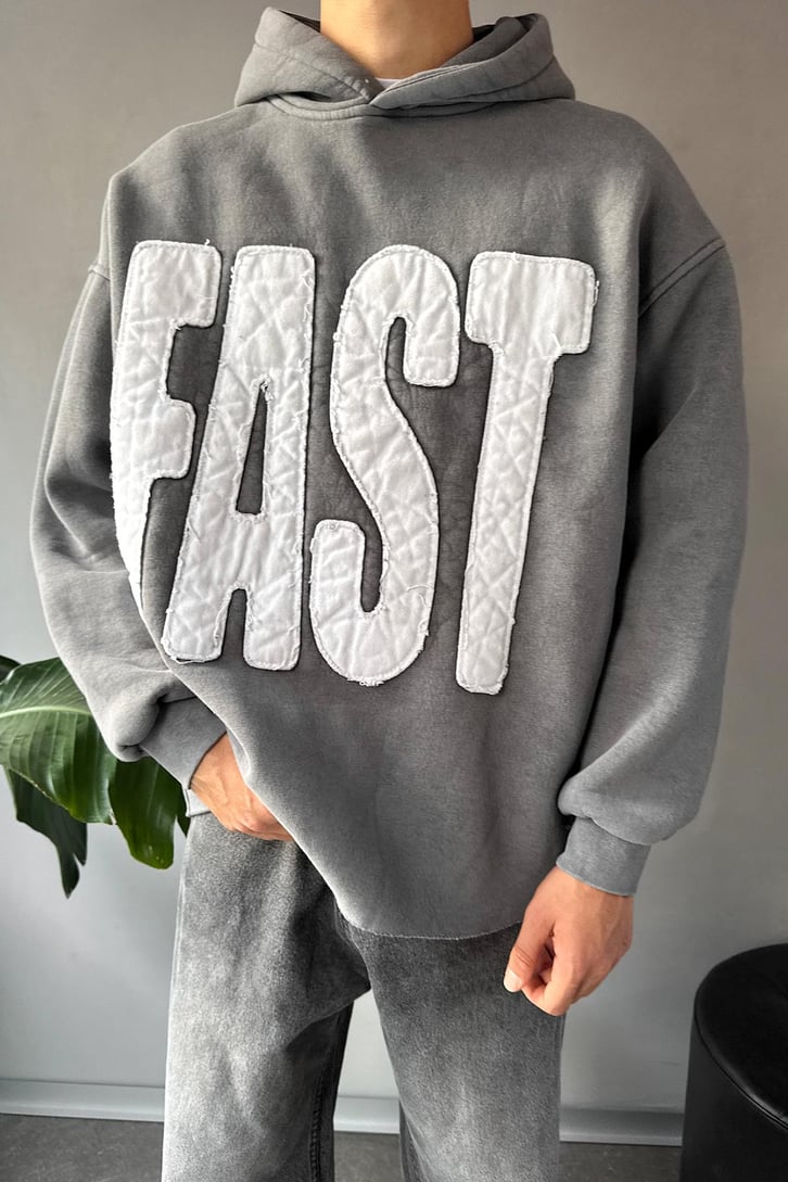 Fast Nakışlı Oversize Hoodie