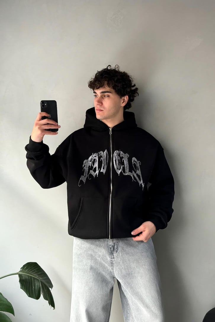 Favela Taş İşlemeli Oversize Hoodie