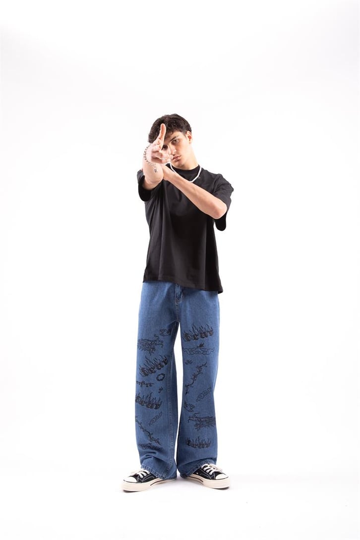Fear Baskılı Baggy Jean
