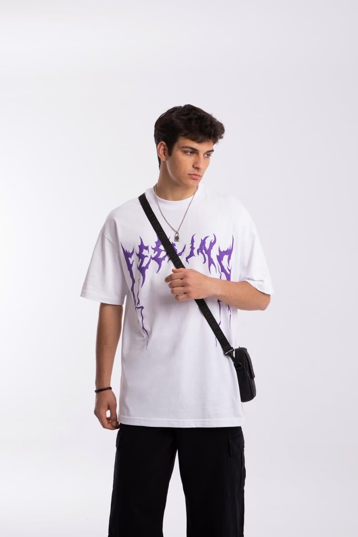 Feeling Skull Baskılı Beyaz Oversize Tshirt