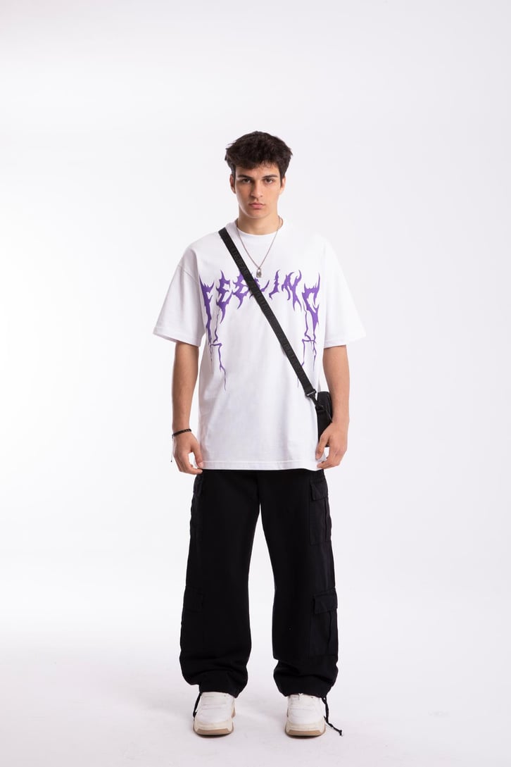 Feeling Skull Baskılı Beyaz Oversize Tshirt