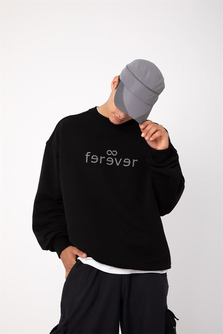 Ferever Baskılı Siyah Oversize Sweatshirt