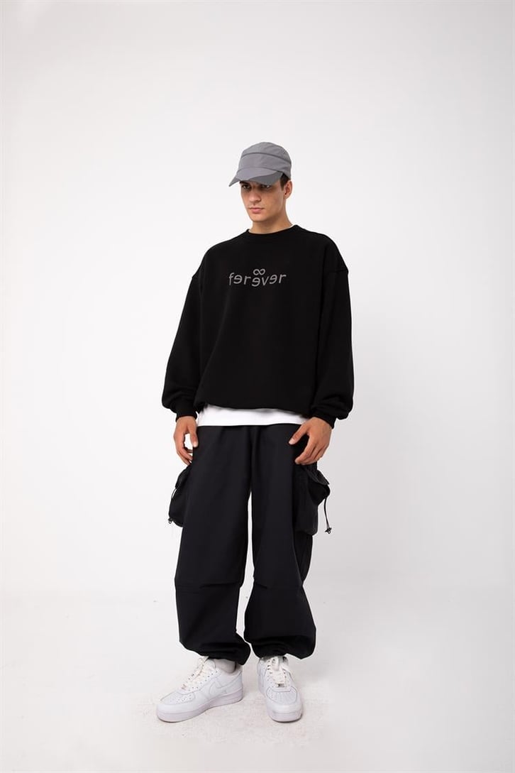 Ferever Baskılı Siyah Oversize Sweatshirt