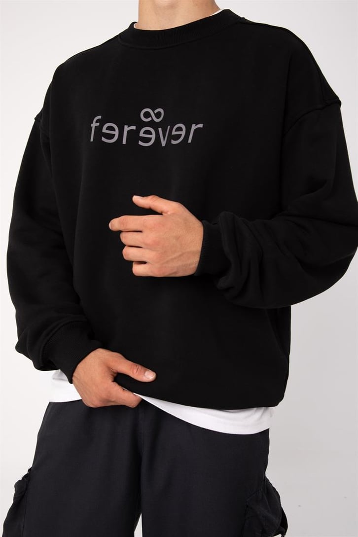 Ferever Baskılı Siyah Oversize Sweatshirt