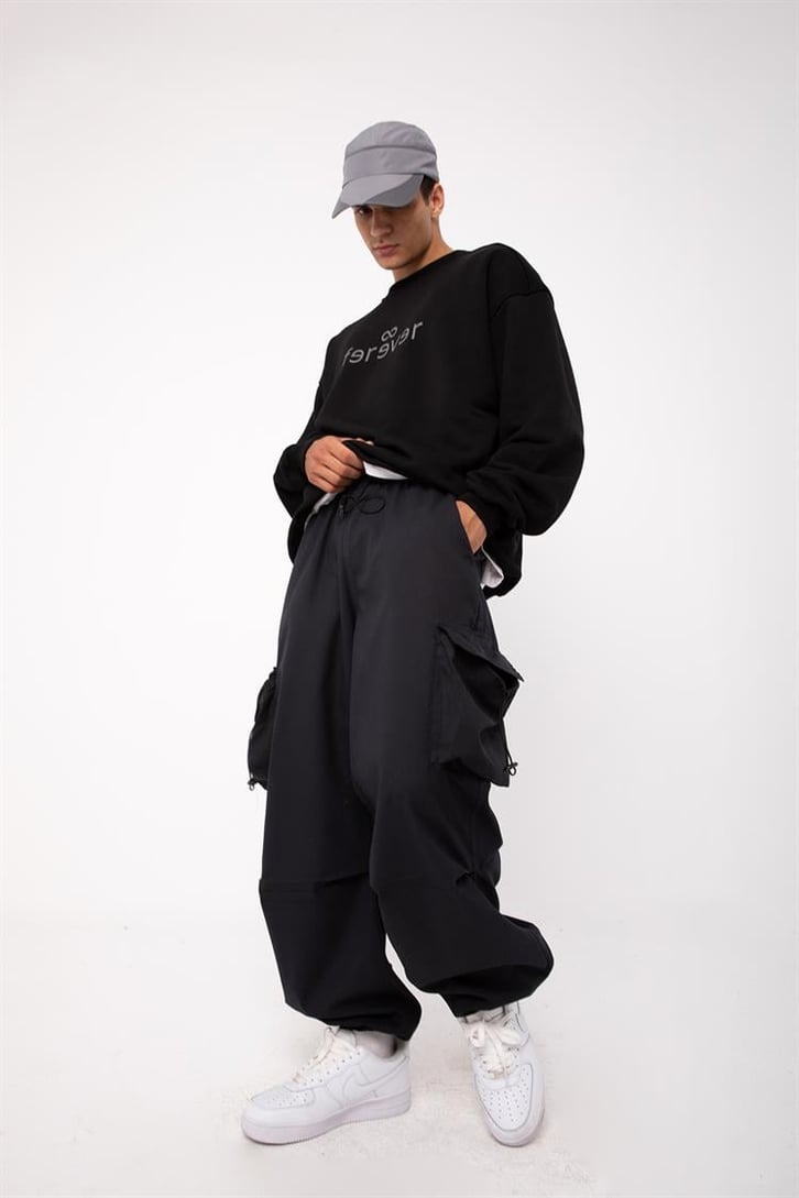 Ferever Baskılı Siyah Oversize Sweatshirt