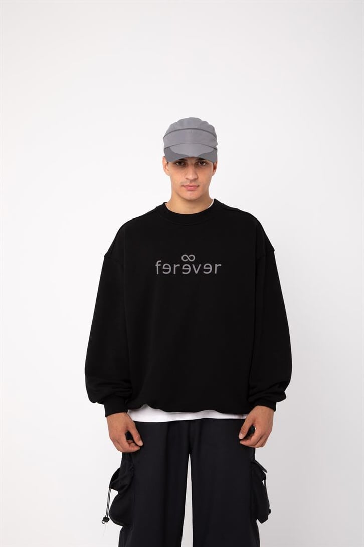 Ferever Baskılı Siyah Oversize Sweatshirt