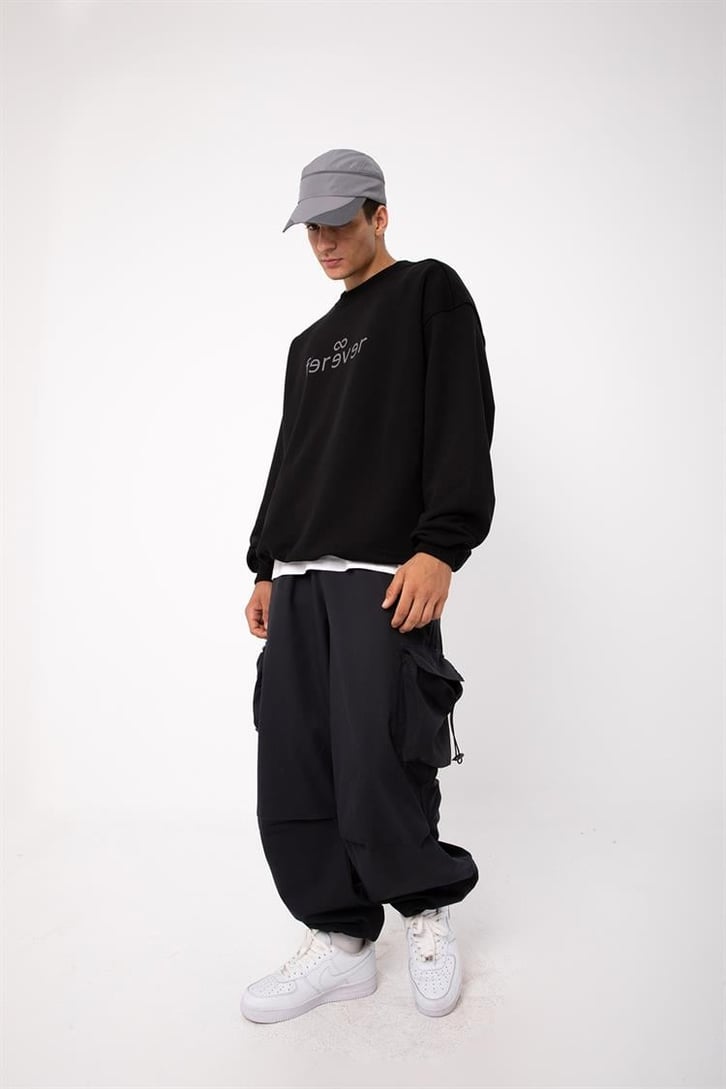 Ferever Baskılı Siyah Oversize Sweatshirt