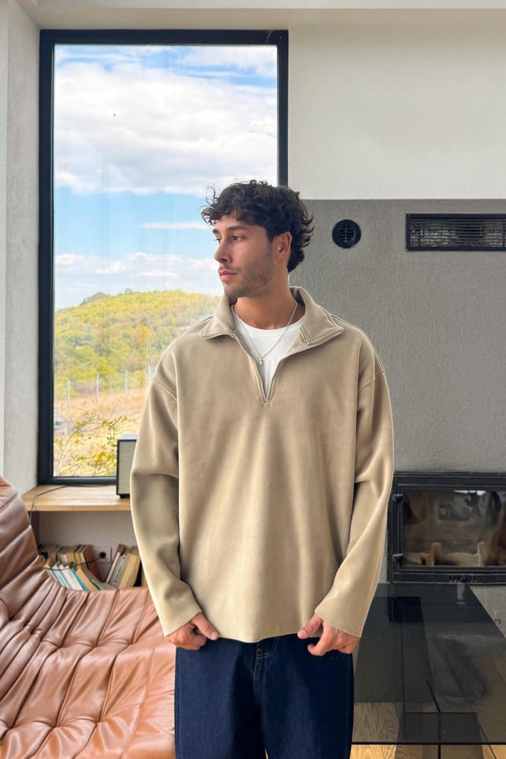 Fermuarlı Polo Yaka Sweatshirt