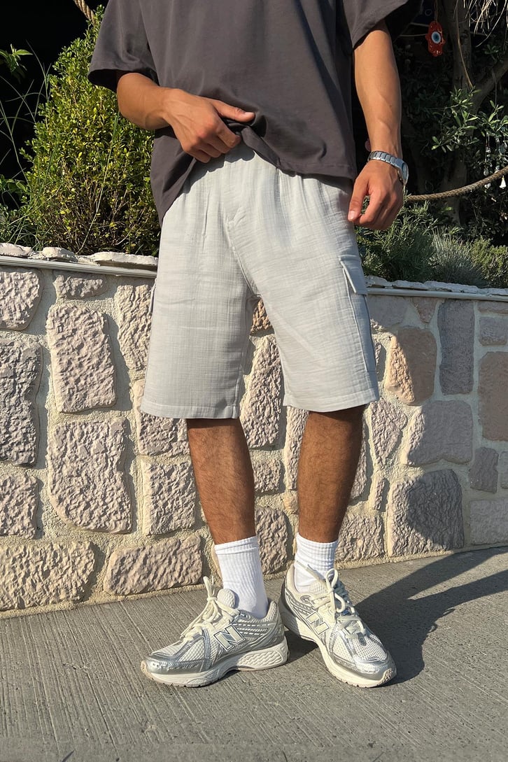 Finest Kargo Cepli Gri Keten Şort