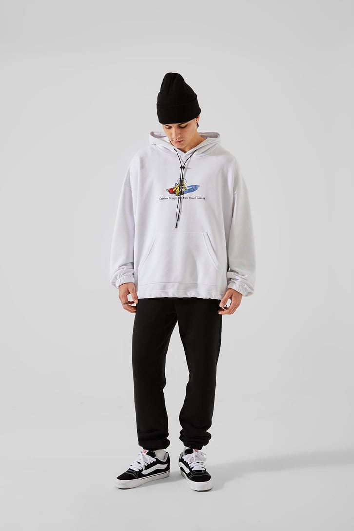 First Space Monkey Baskılı Beyaz Oversize Hoodie
