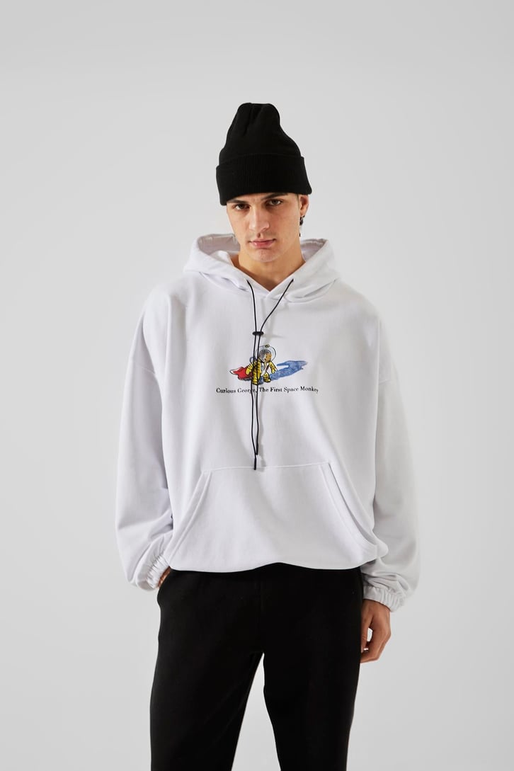 First Space Monkey Baskılı Beyaz Oversize Hoodie