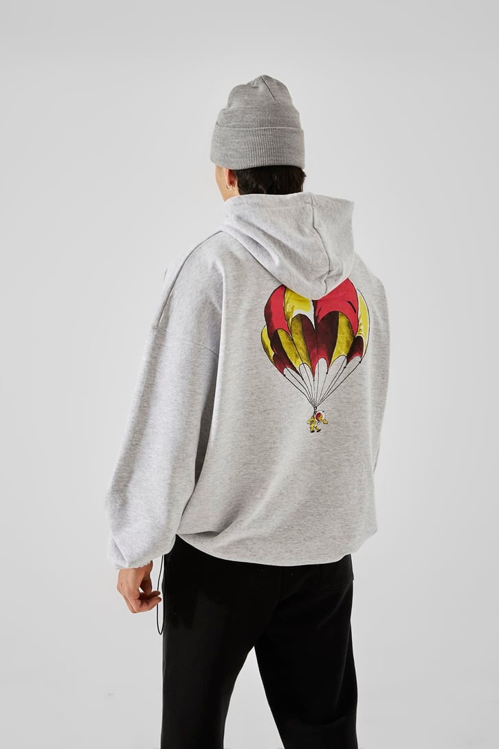 First Space Monkey Baskılı Gri Oversize Hoodie
