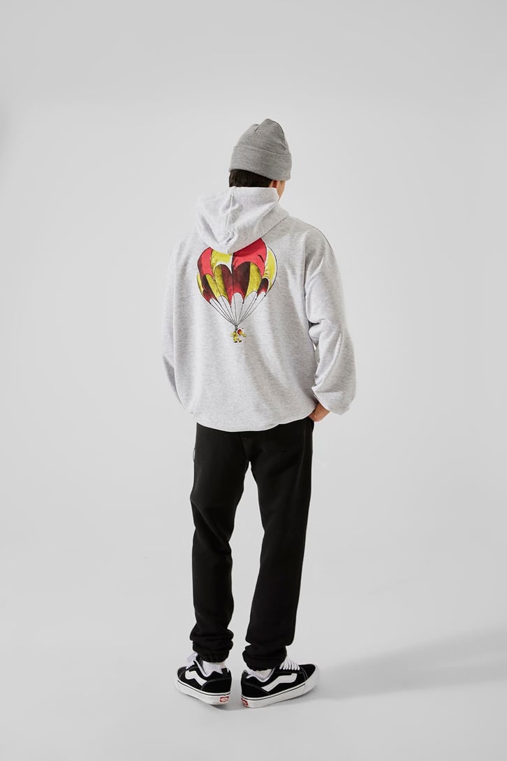 First Space Monkey Baskılı Gri Oversize Hoodie
