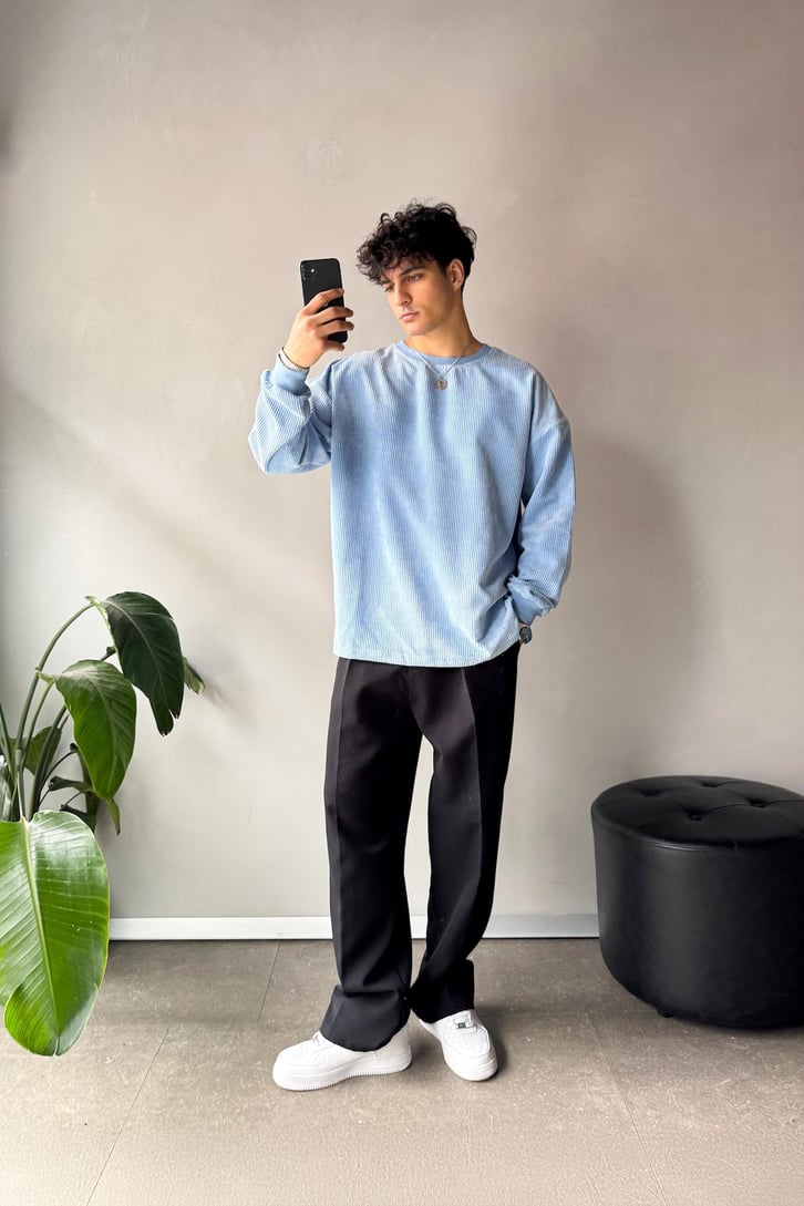 Fitilli Kadife Bisiklet Yaka Sweatshirt