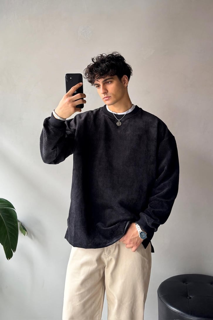 Fitilli Kadife Bisiklet Yaka Sweatshirt