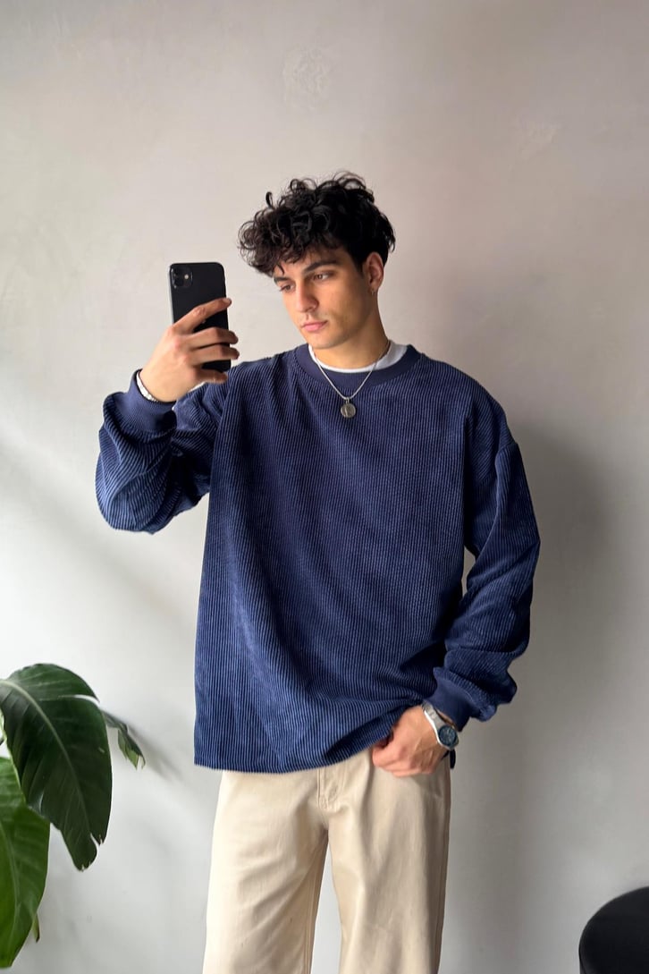 Fitilli Kadife Bisiklet Yaka Sweatshirt