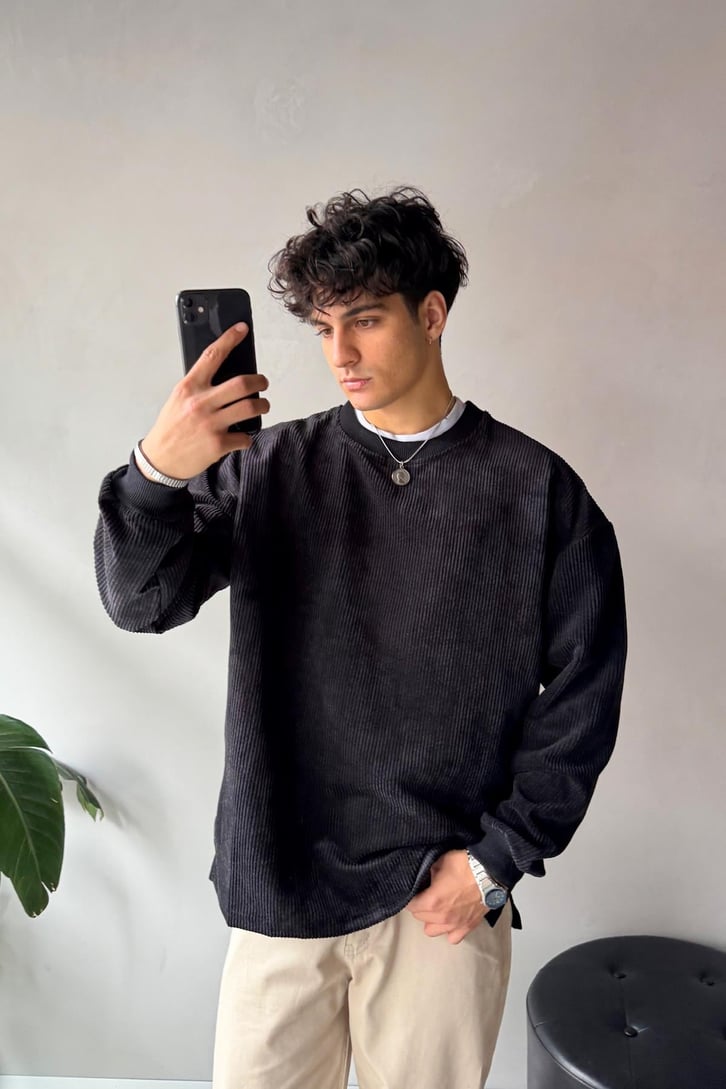 Fitilli Kadife Bisiklet Yaka Sweatshirt