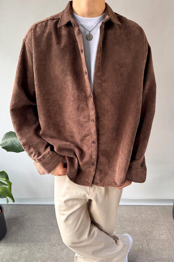 Fitilli Kadife Kahverengi Oversize Gömlek