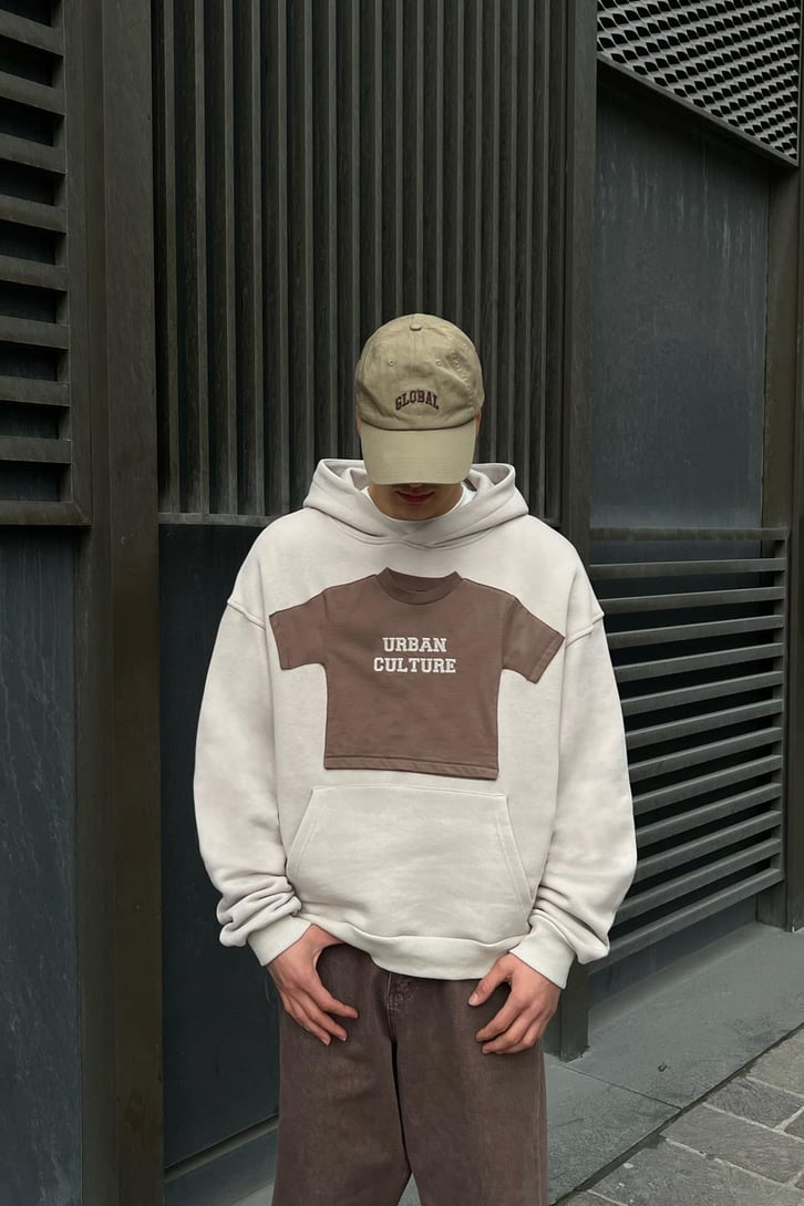 Flaw Atelier 500 GSM Premium Baby Parçalı Bej Oversize Sweatshirt