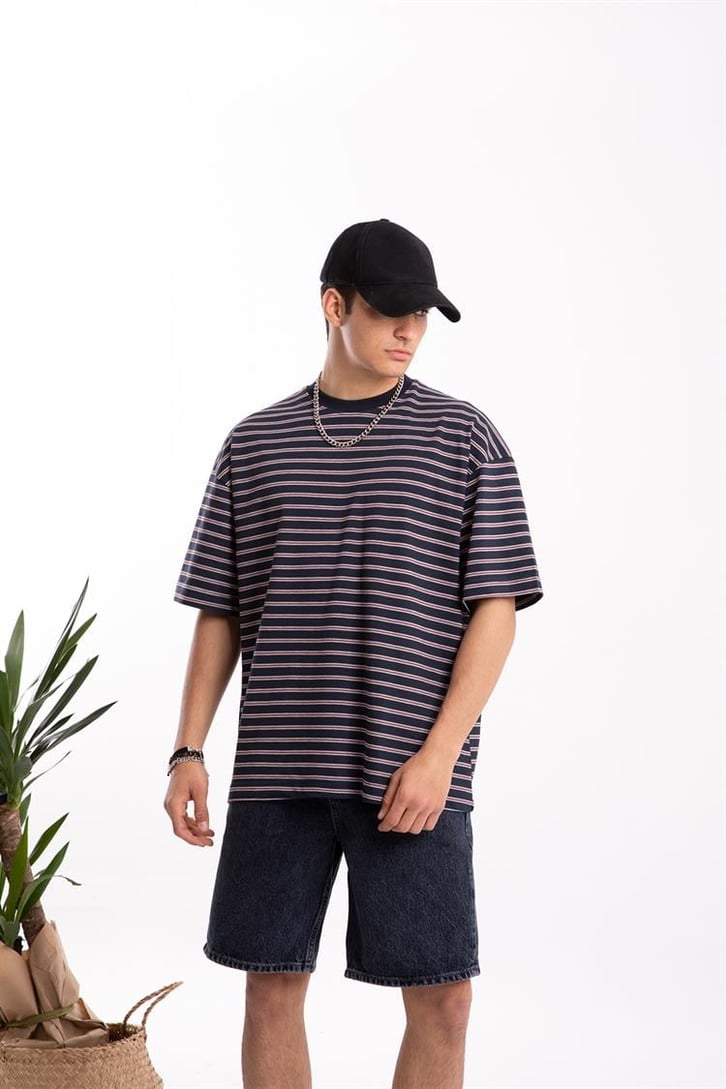 Flaw Atelier Basic Bordo Çizgili Oversize Tişört
