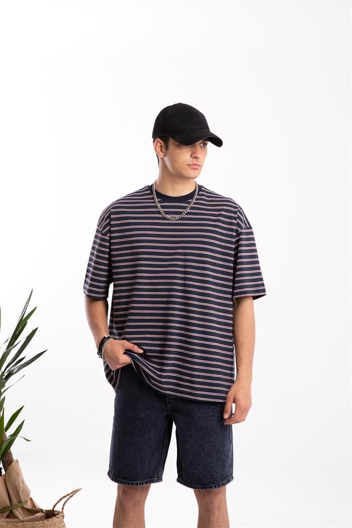 Flaw Atelier Basic Bordo Çizgili Oversize Tişört