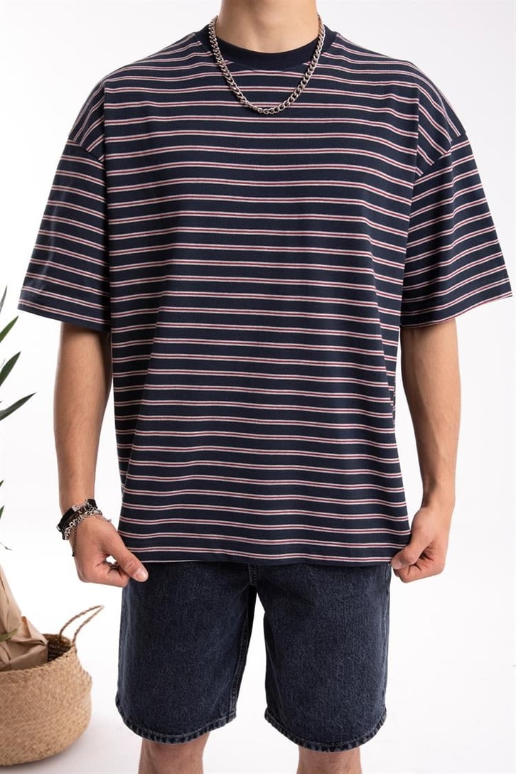 Flaw Atelier Basic Bordo Çizgili Oversize Tişört