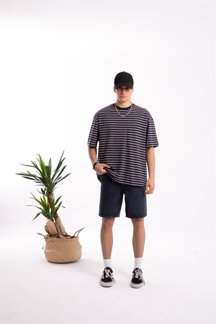 Flaw Atelier Basic Bordo Çizgili Oversize Tişört