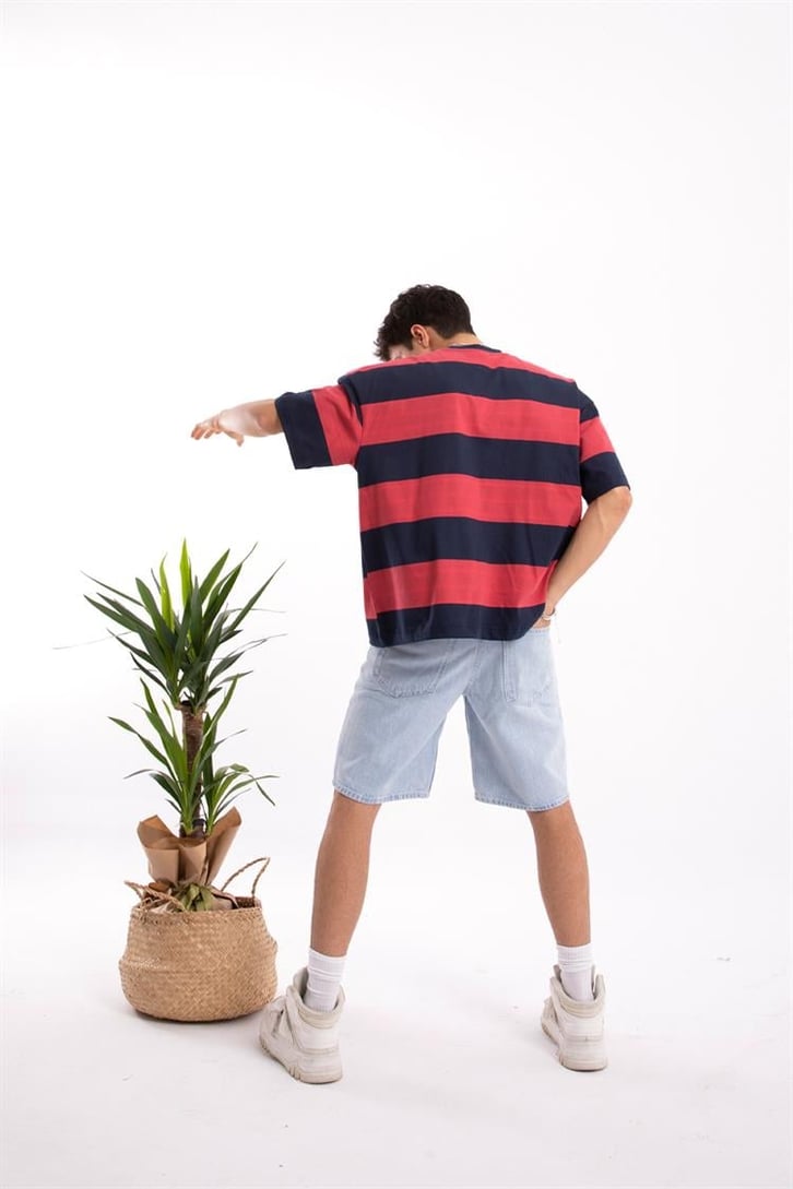 Flaw Atelier Basic Kalın Çizgili Kırmızı Oversize Tshirt