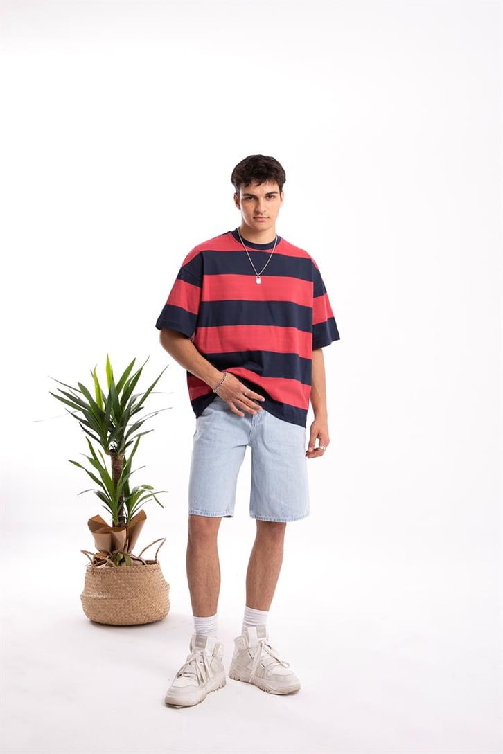 Flaw Atelier Basic Kalın Çizgili Kırmızı Oversize Tshirt