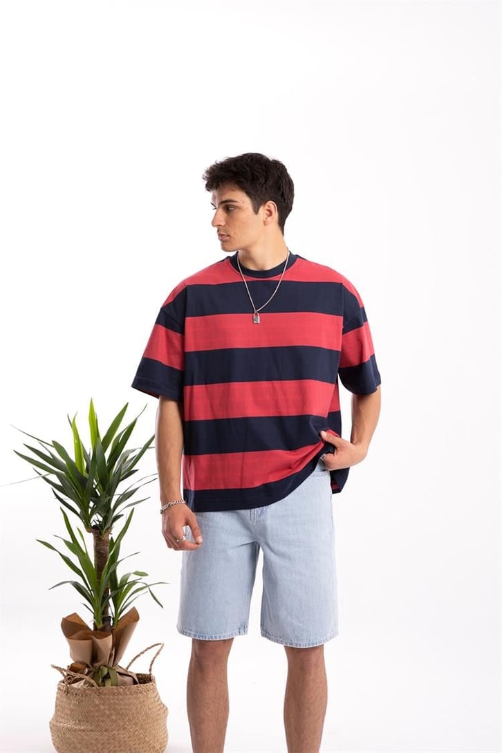 Flaw Atelier Basic Kalın Çizgili Kırmızı Oversize Tshirt