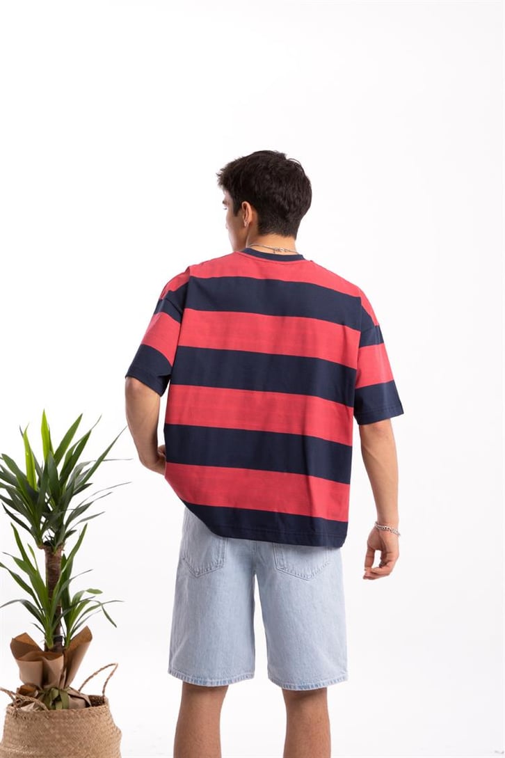Flaw Atelier Basic Kalın Çizgili Kırmızı Oversize Tshirt