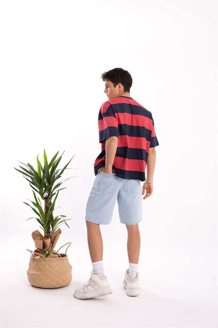 Flaw Atelier Basic Kalın Çizgili Kırmızı Oversize Tshirt