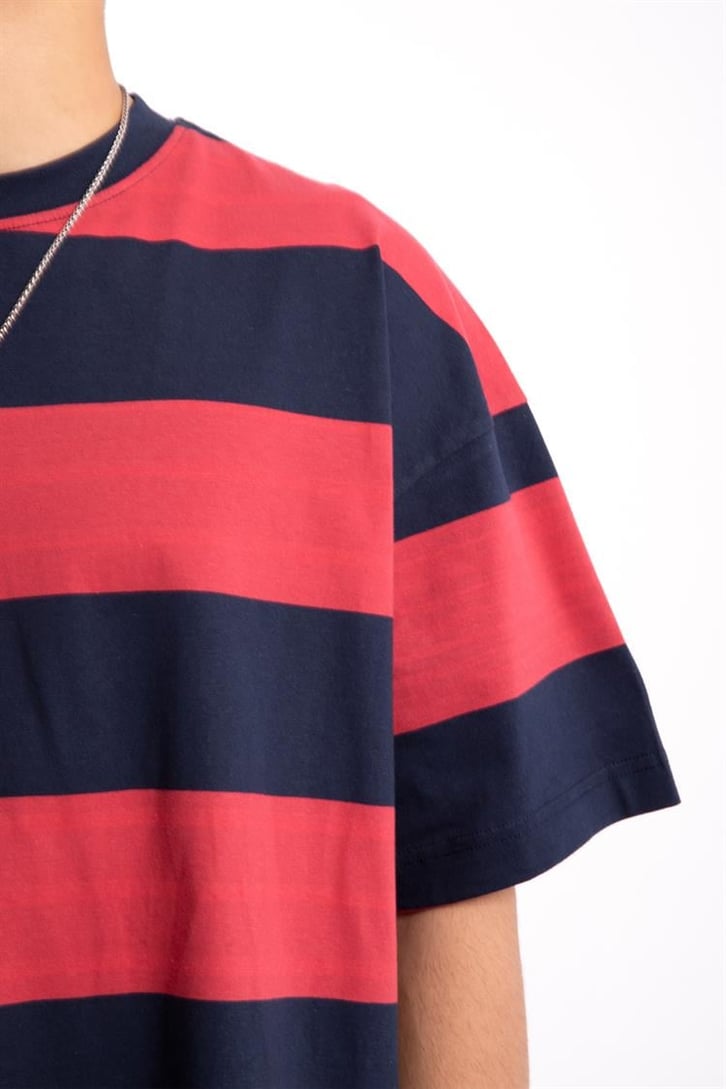 Flaw Atelier Basic Kalın Çizgili Kırmızı Oversize Tshirt