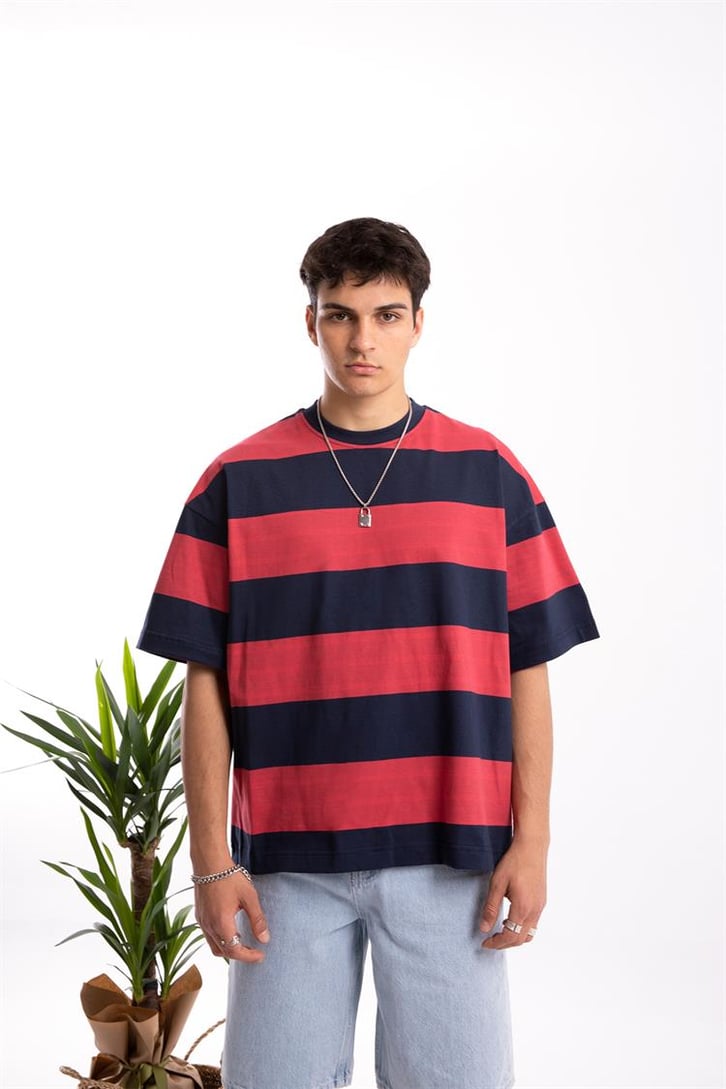 Flaw Atelier Basic Kalın Çizgili Kırmızı Oversize Tshirt