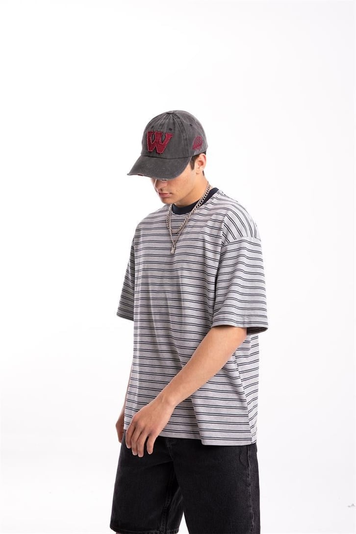 Flaw Atelier Basic Lacivert Çizgili Gri Oversize Tişört