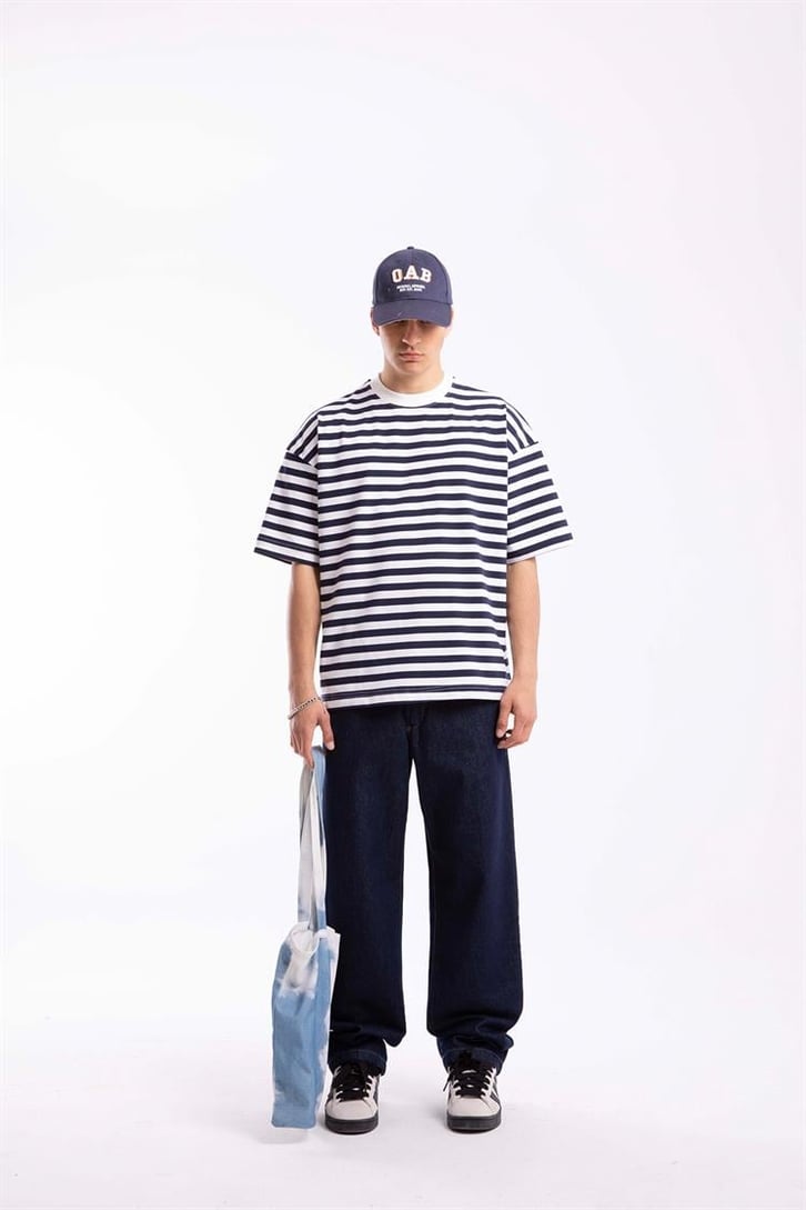 Flaw Atelier Basic Lacivert Çizgili Oversize Tshirt