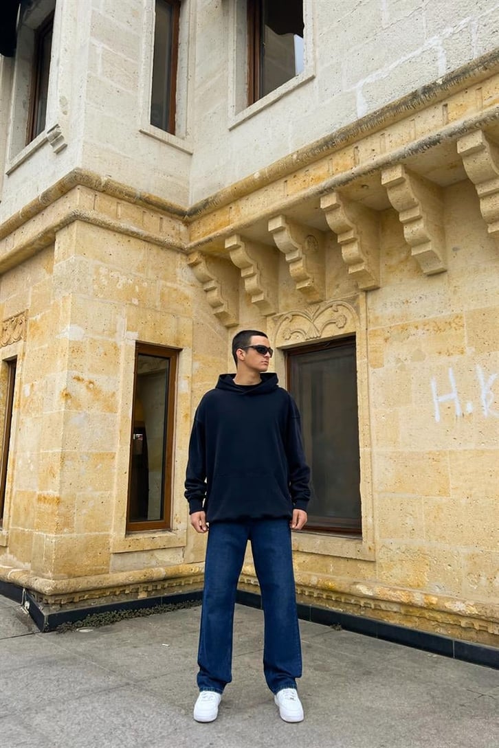 Flaw Atelier Basic Lacivert İçi Pamuklu Acid Wash Oversize Hoodie