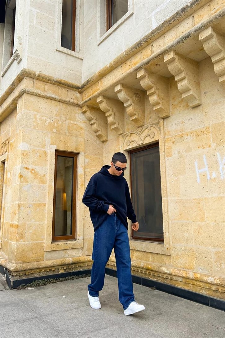 Flaw Atelier Basic Lacivert İçi Pamuklu Acid Wash Oversize Hoodie