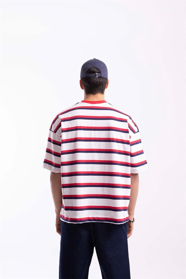 Flaw Atelier Basic Lacivert-Kırmızı Çizgili Oversize Tshirt