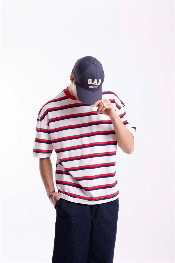 Flaw Atelier Basic Lacivert-Kırmızı Çizgili Oversize Tshirt