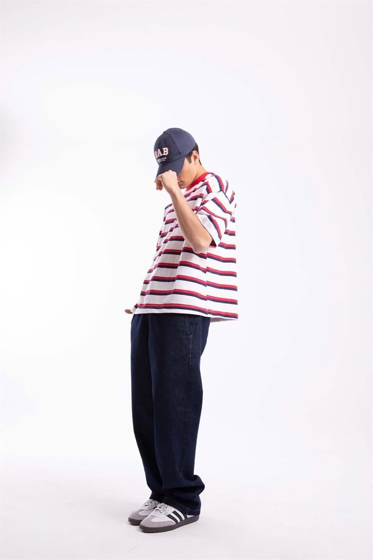Flaw Atelier Basic Lacivert-Kırmızı Çizgili Oversize Tshirt